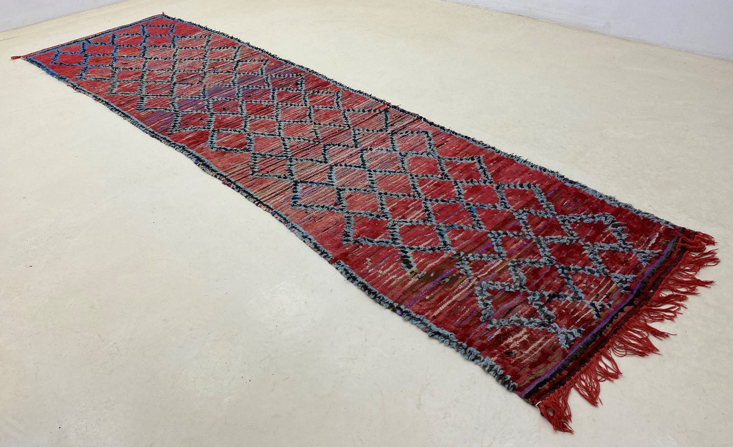 Moroccan Red Grid 3x11 Runner Rug, Hallway Vintage Berber Rug Runner.