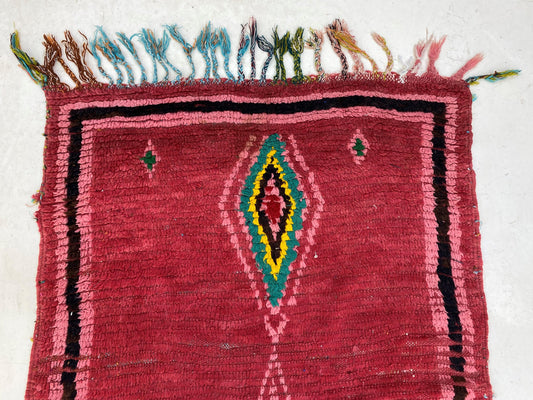 Vintage Handwoven Moroccan 3x8 Runner Rug, Rich Red Green Diamond Wool Runner.