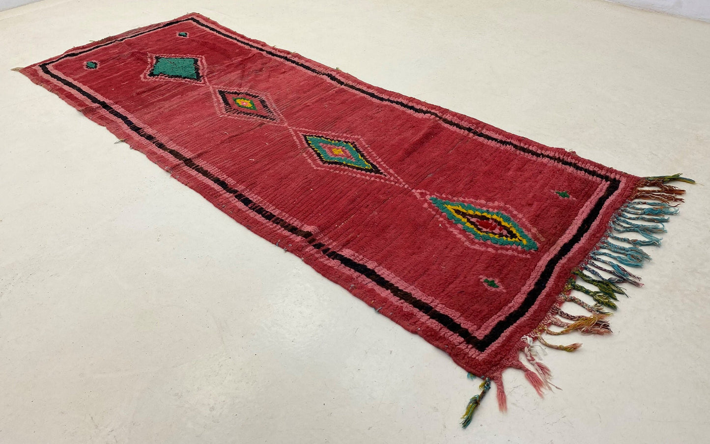 Vintage Handwoven Moroccan 3x8 Runner Rug, Rich Red Green Diamond Wool Runner.