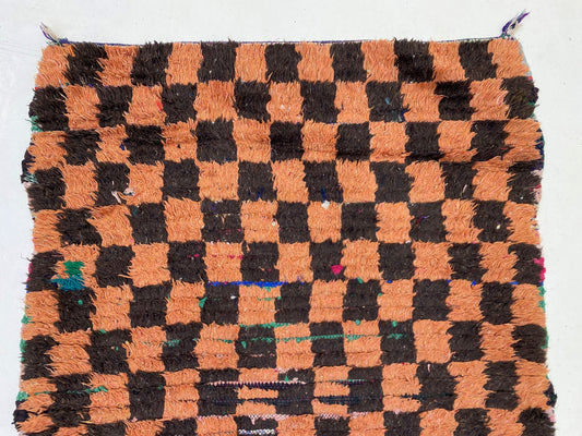 Moroccan Berber Checkered 3x6 Rug, Orange and Black Handwoven Wool rug.