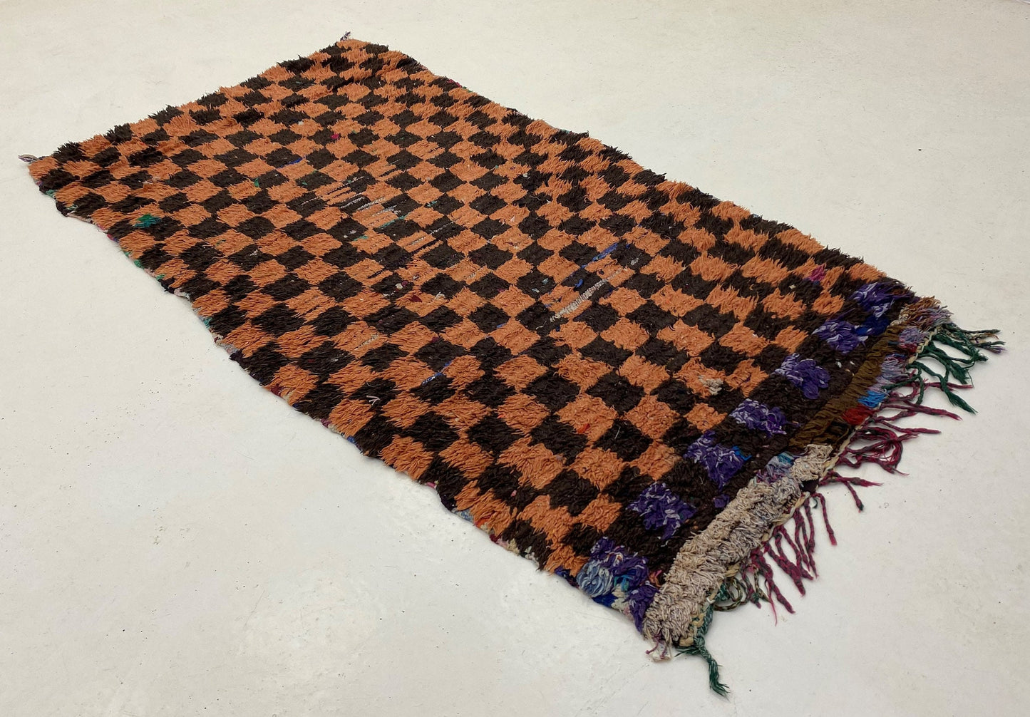 Moroccan Berber Checkered 3x6 Rug, Orange and Black Handwoven Wool rug.