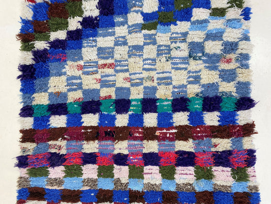3x7 Moroccan Vintage Berber Runner Rug, Checkered Pattern Design.