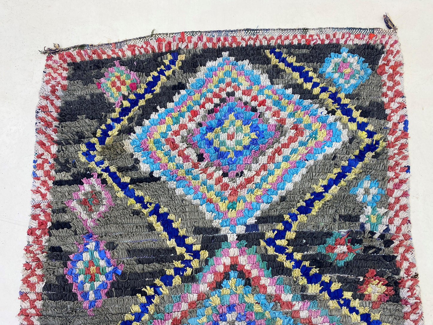 4x9 Moroccan Boucherouite Runner Rug, Vintage Boho Decor for Your Home.