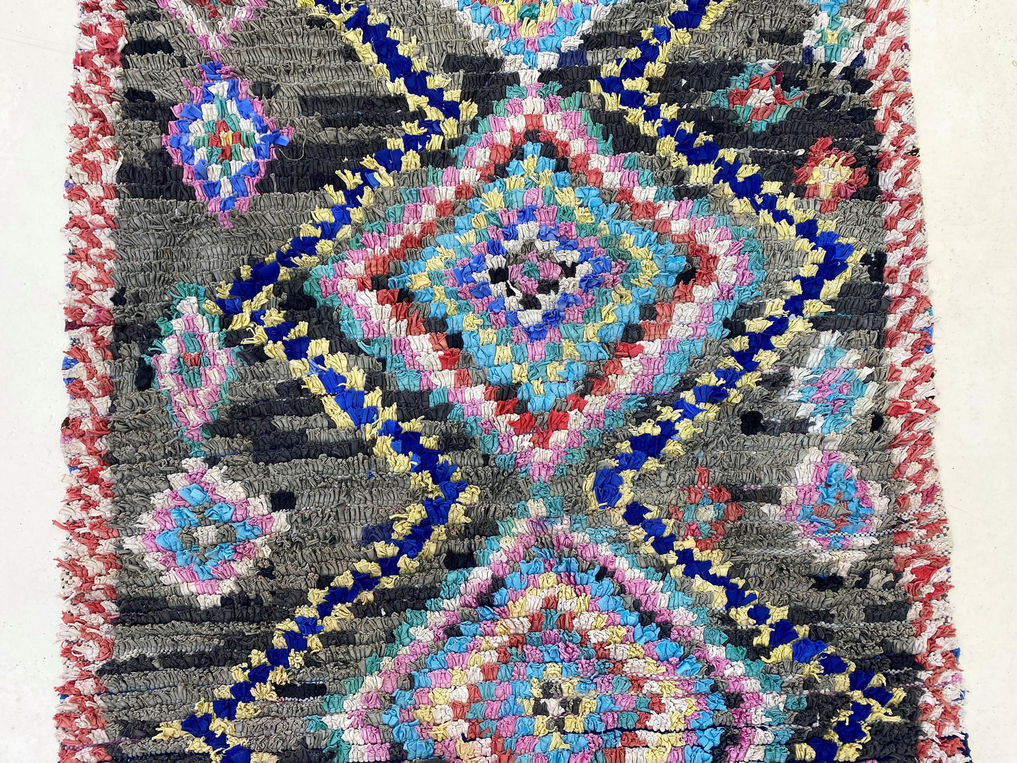4x9 Moroccan Boucherouite Runner Rug, Vintage Boho Decor for Your Home.