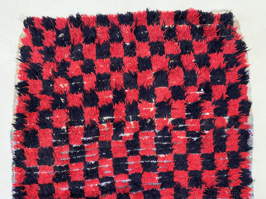 3x7 Vintage Moroccan Checkered Rug in Red And Black.
