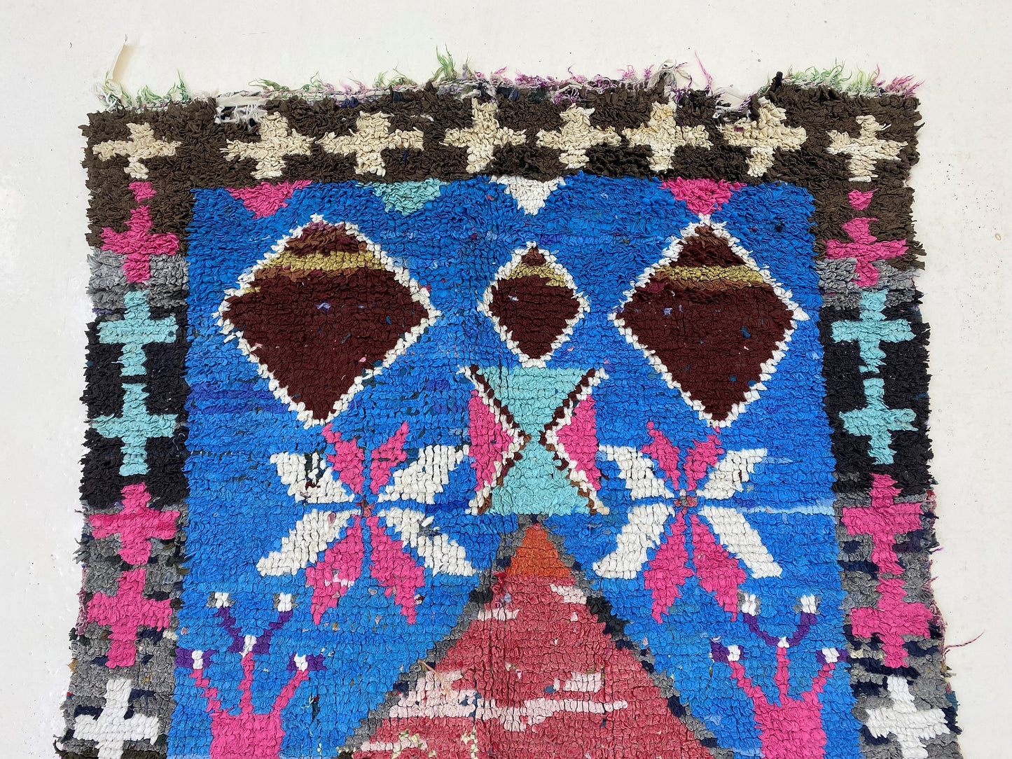 Boucherouite Vintage Moroccan Rug 3x6 , Colorful Diamond Area Rug.