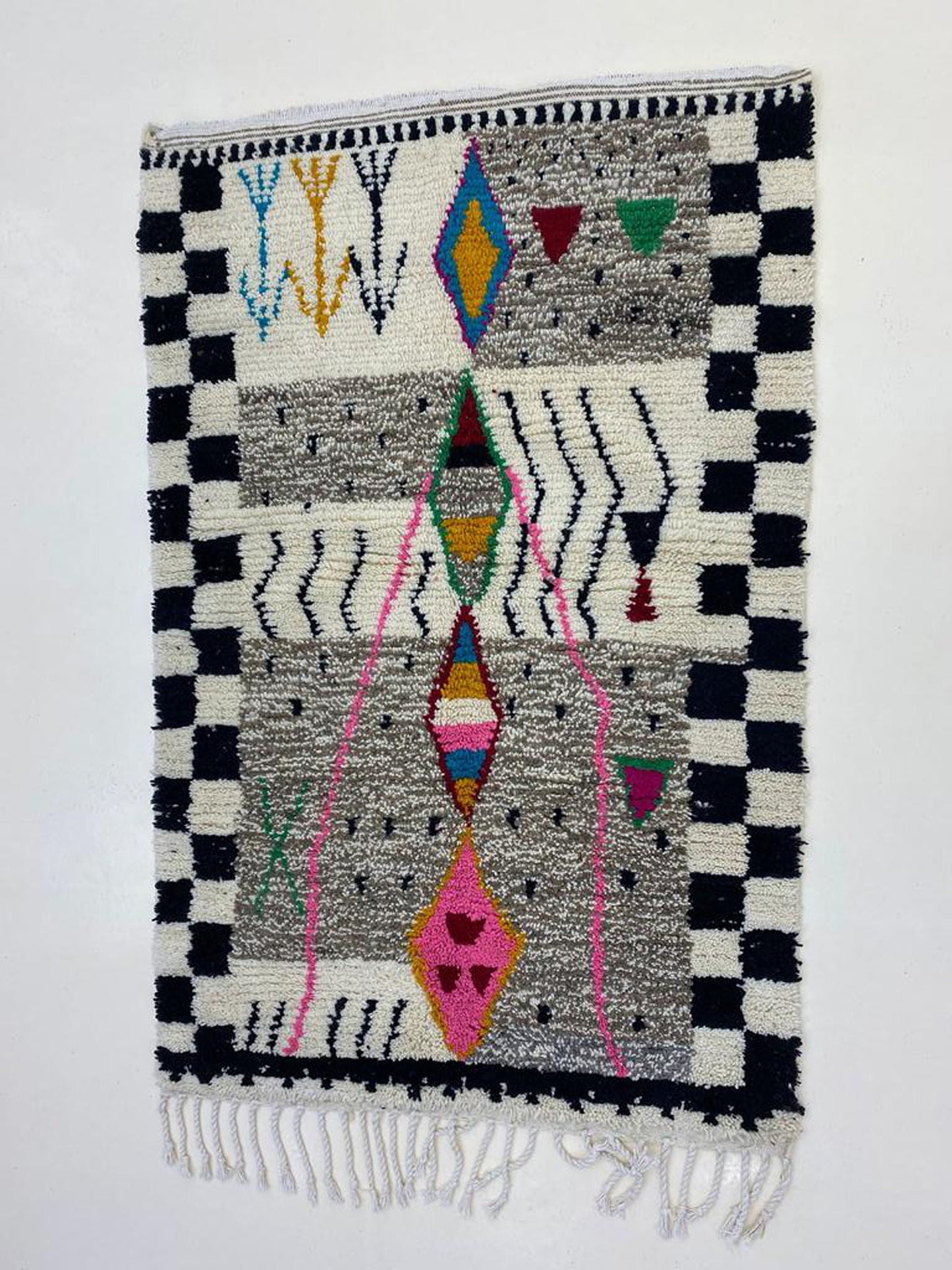 Custom Abstract Moroccan Berber Rug , Handwoven Wool Rug with Fringes.