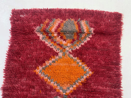 Vintage Moroccan 6x3 Rug in Red, Small Diamond Woven Rug.