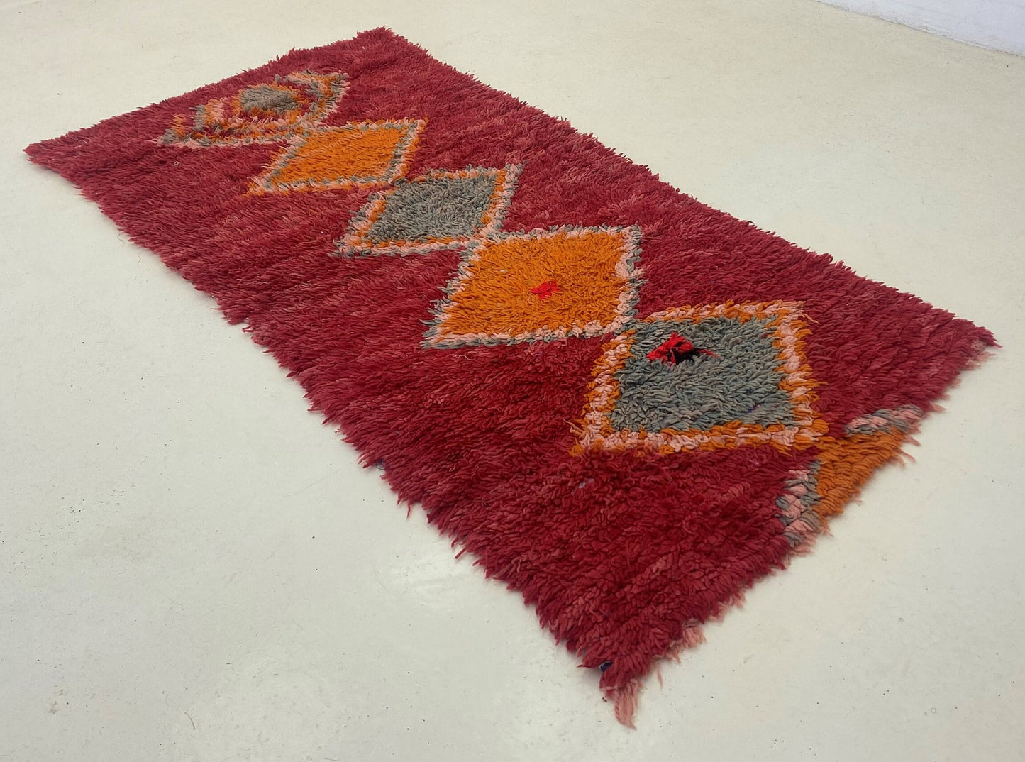 Vintage Moroccan 6x3 Rug in Red, Small Diamond Woven Rug.