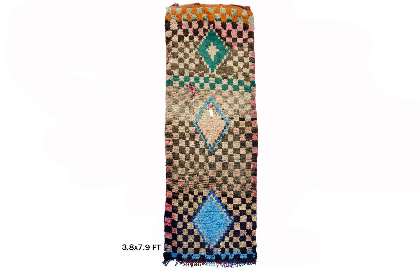 Checkered Moroccan 4x8 Runner, Vintage Diamond Runner Rug.