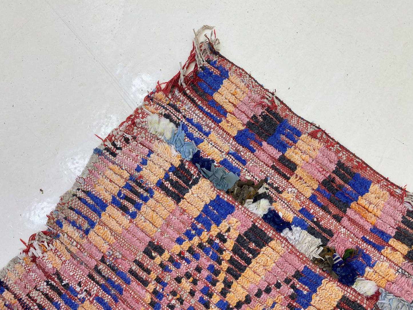 Handwoven Berber Moroccan Wool 3x6 Rug, Faded colorful diamond rug.