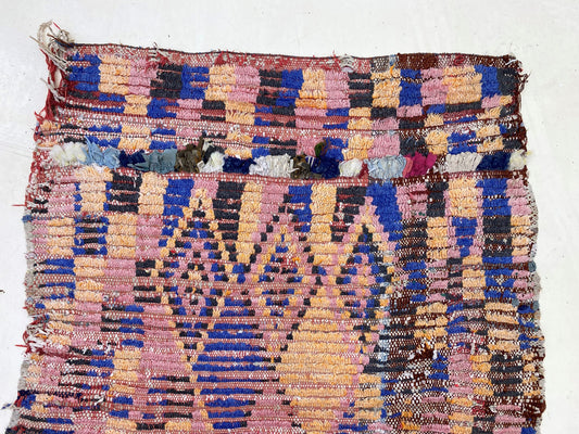 Handwoven Berber Moroccan Wool 3x6 Rug, Faded colorful diamond rug.