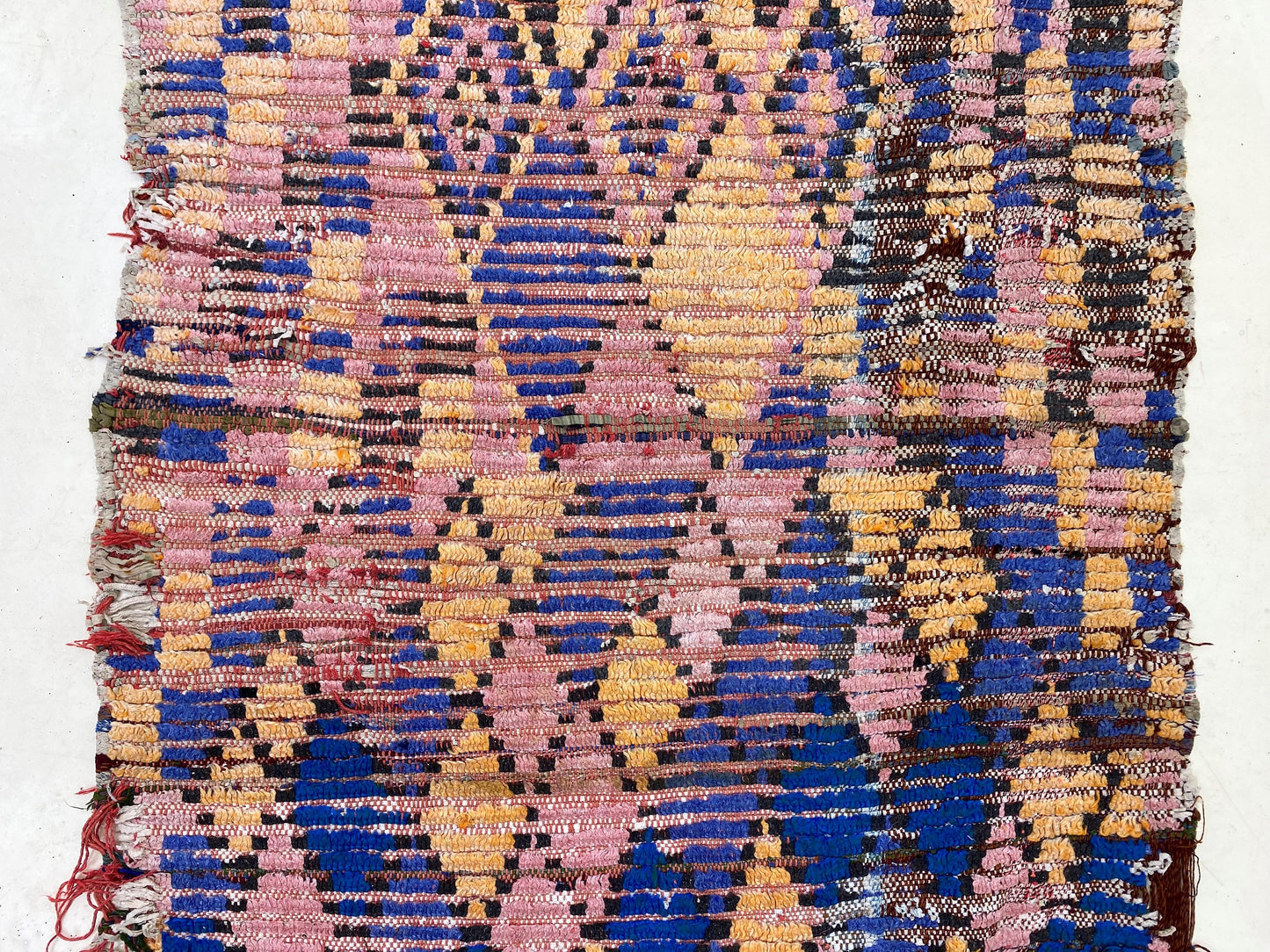 Handwoven Berber Moroccan Wool 3x6 Rug, Faded colorful diamond rug.