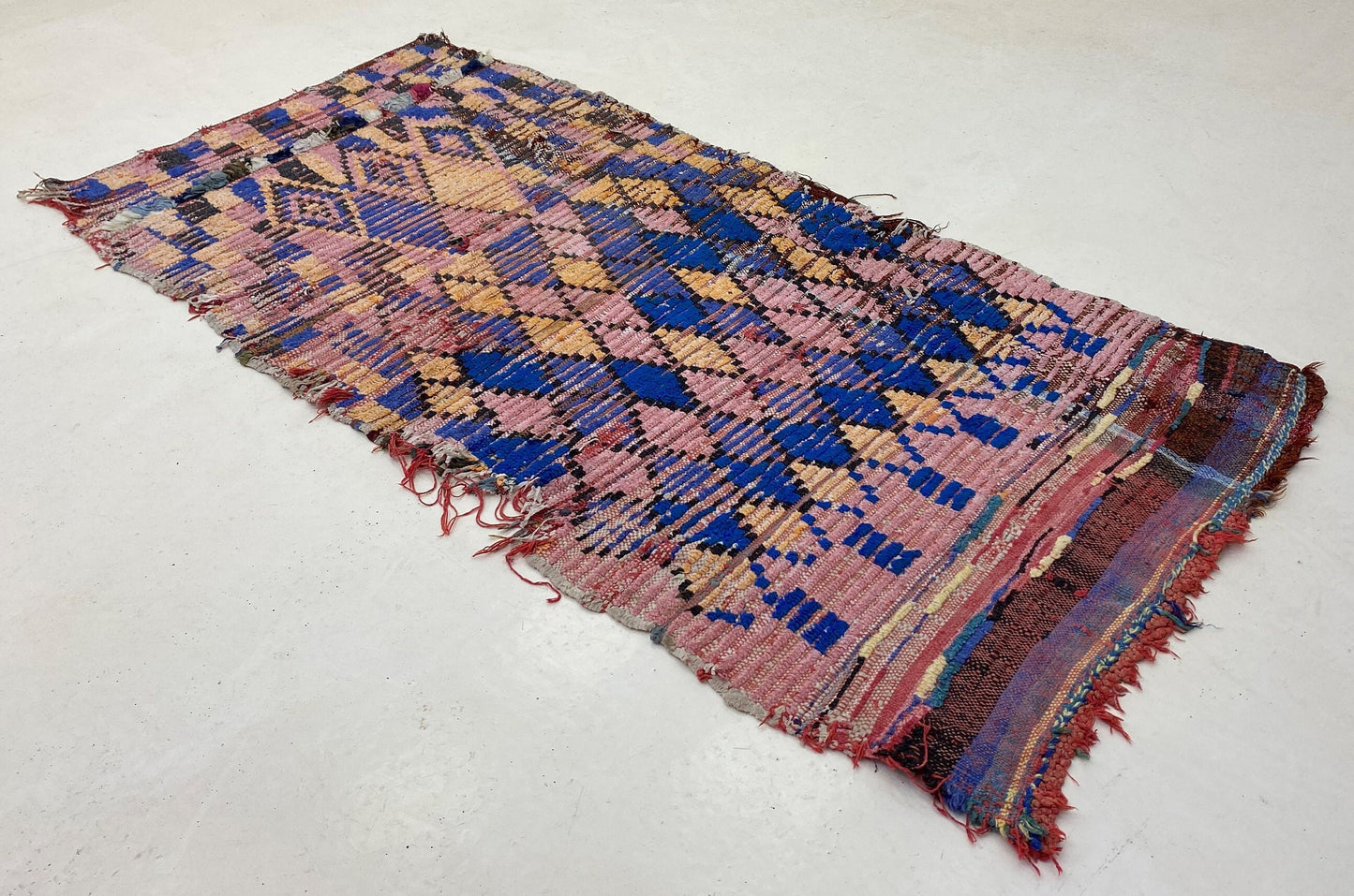 Handwoven Berber Moroccan Wool 3x6 Rug, Faded colorful diamond rug.
