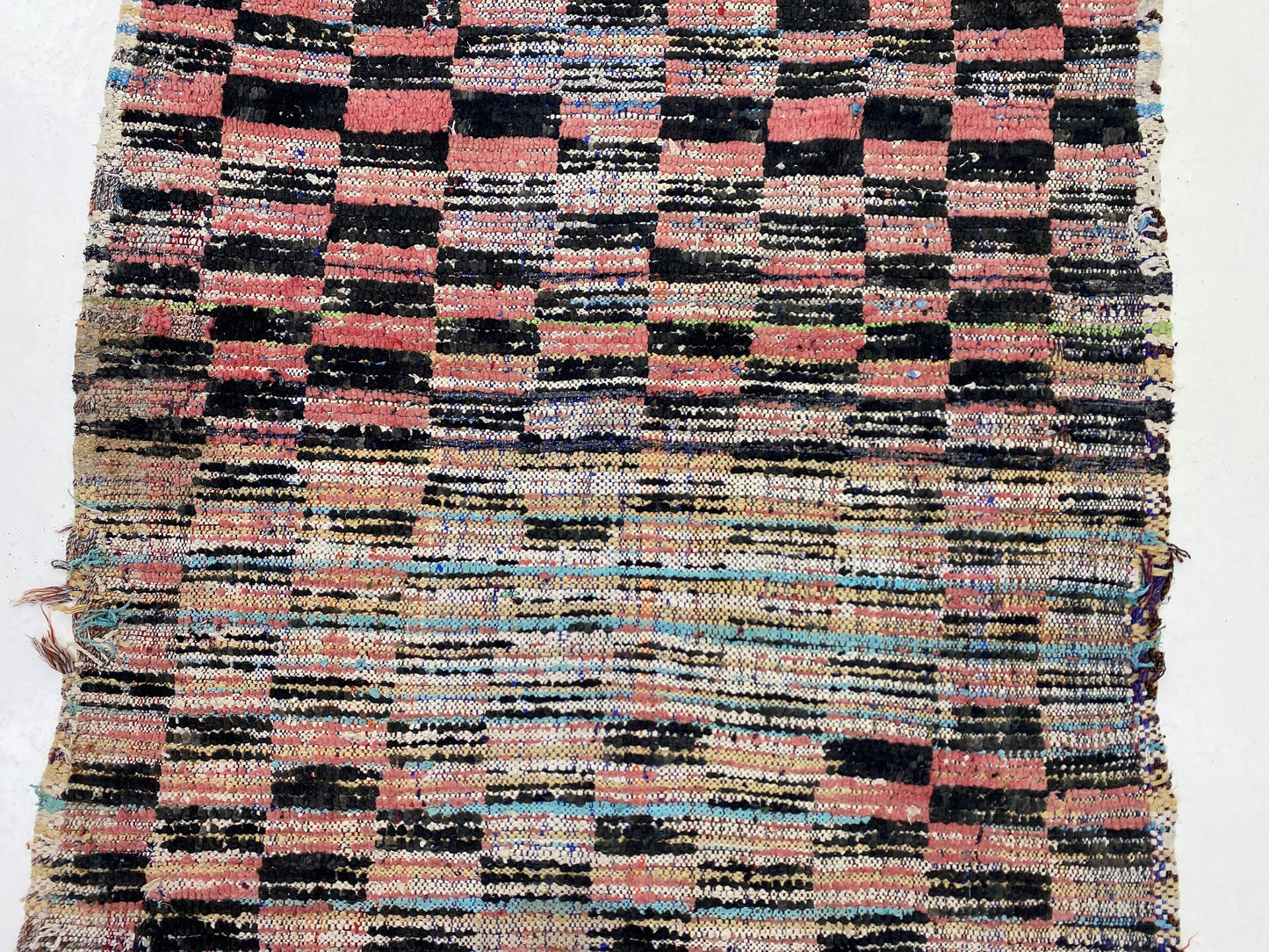 Checkered Vintage 3x7 Runner Rug , Unique Moroccan Berber colorful rug.
