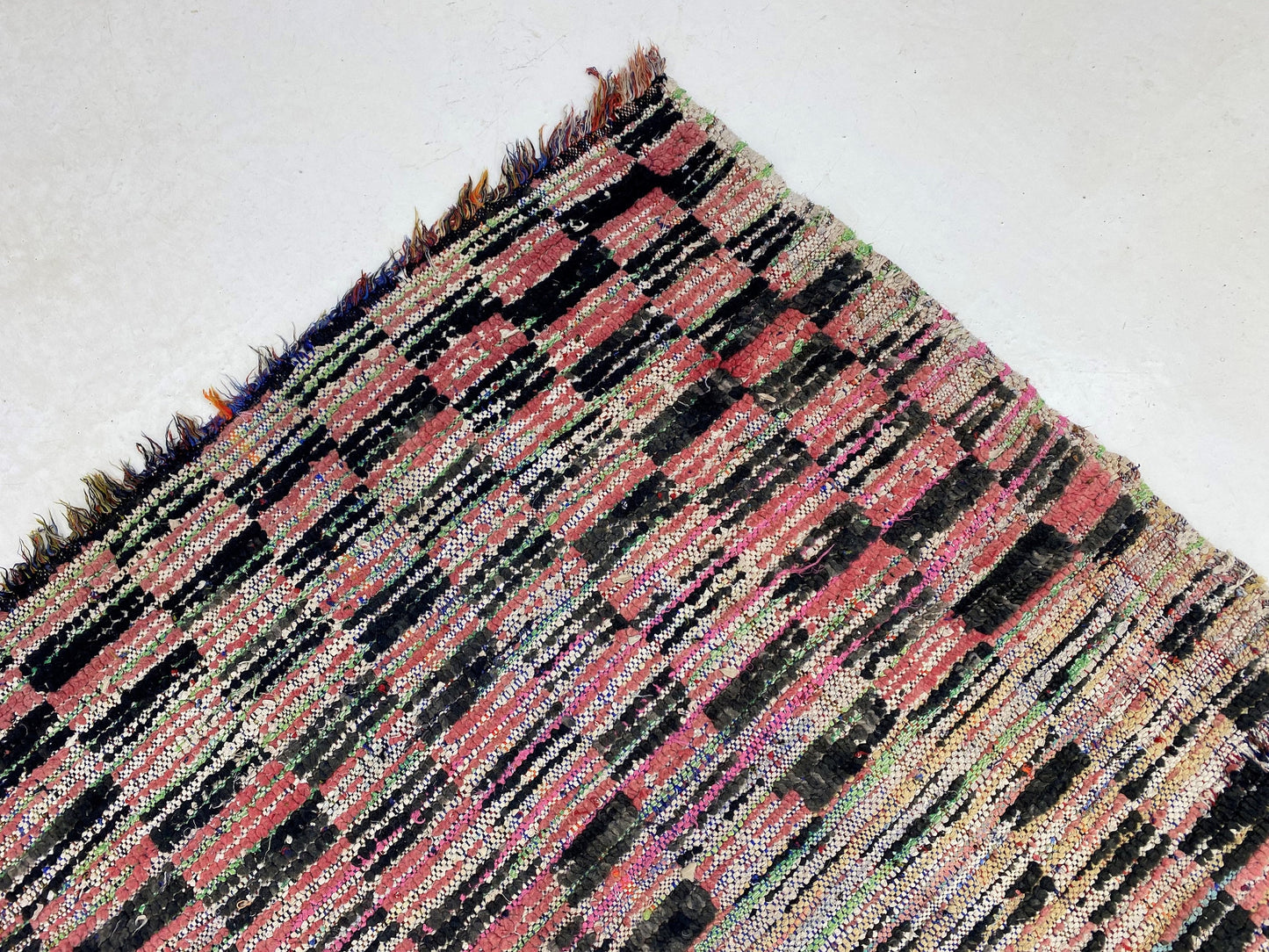 Checkered Vintage 3x7 Runner Rug , Unique Moroccan Berber colorful rug.