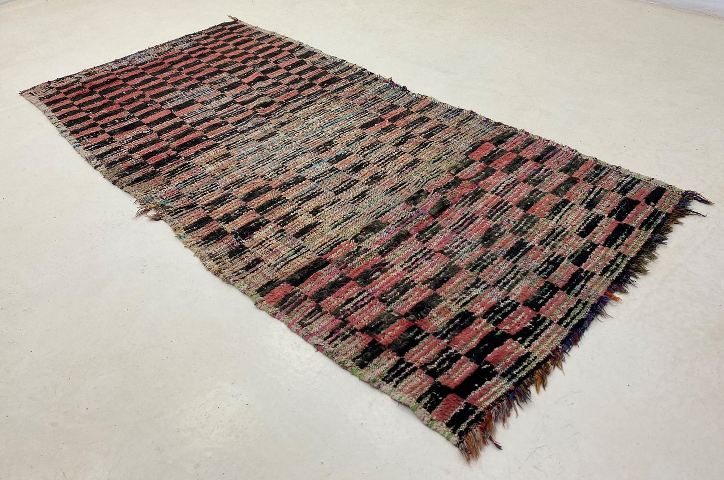 Checkered Vintage 3x7 Runner Rug , Unique Moroccan Berber colorful rug.