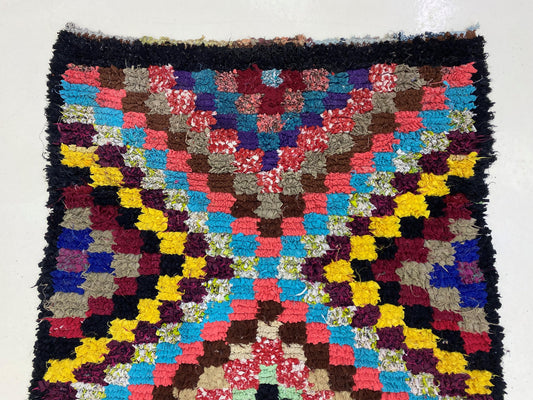 Vintage Colorful 3x7 Runner Rug, Checkered Moroccan rug.