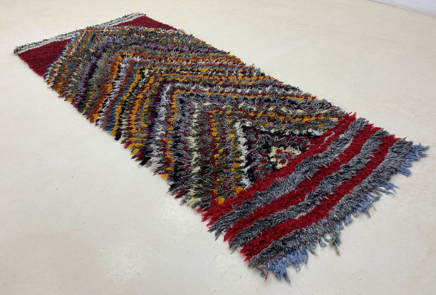 Checkered colorful Moroccan 3x7 runner rug.