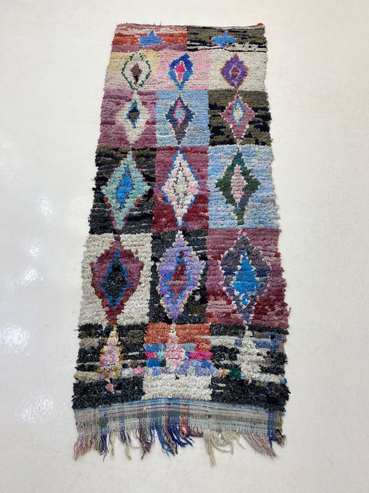 3x8 Diamond Moroccan Rug Runner, Boucherouite Vintage Boho Rug.