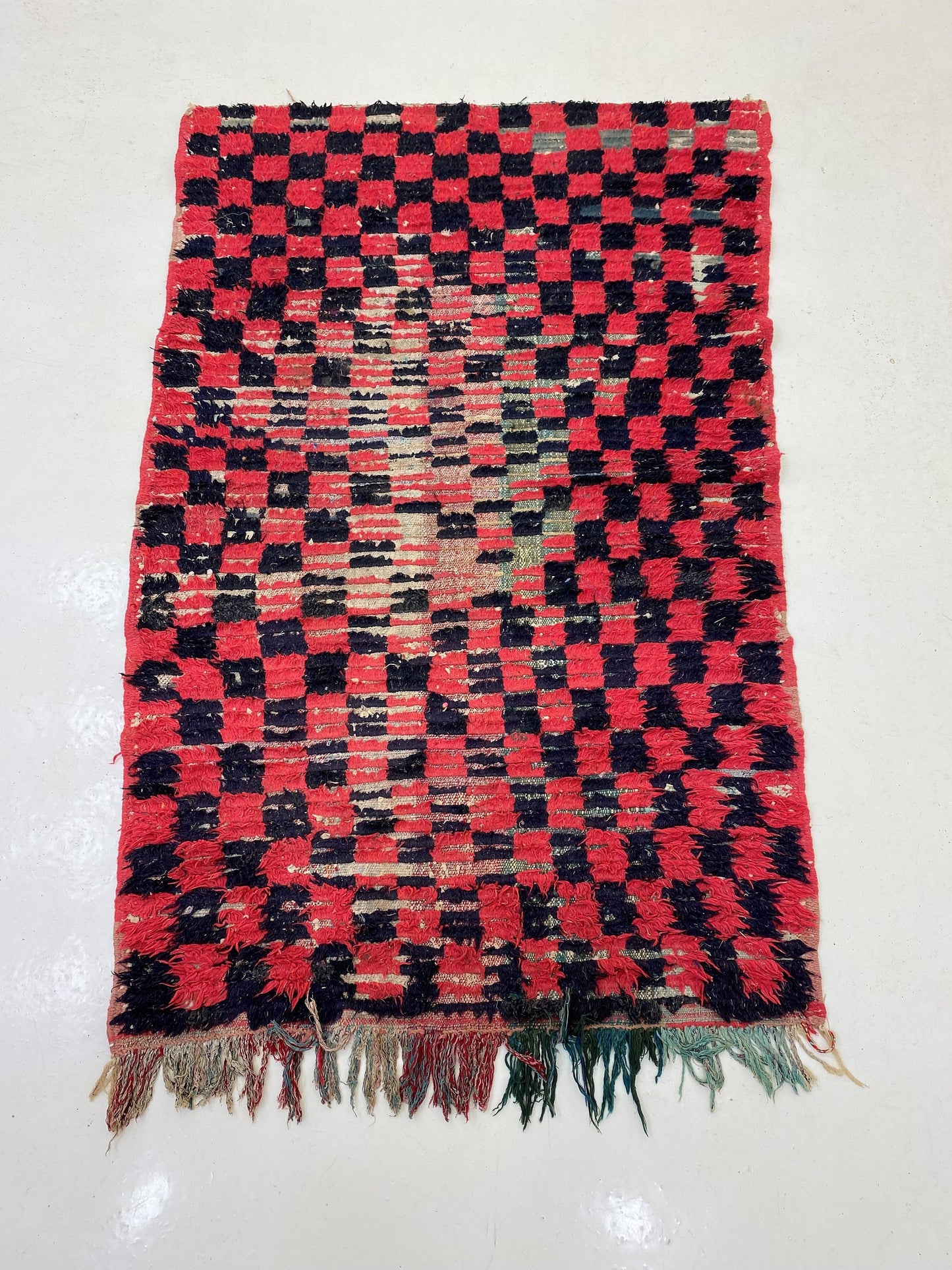 Checkered Black and Red Runner Rug, 3x6 Vintage Moroccan Rug.