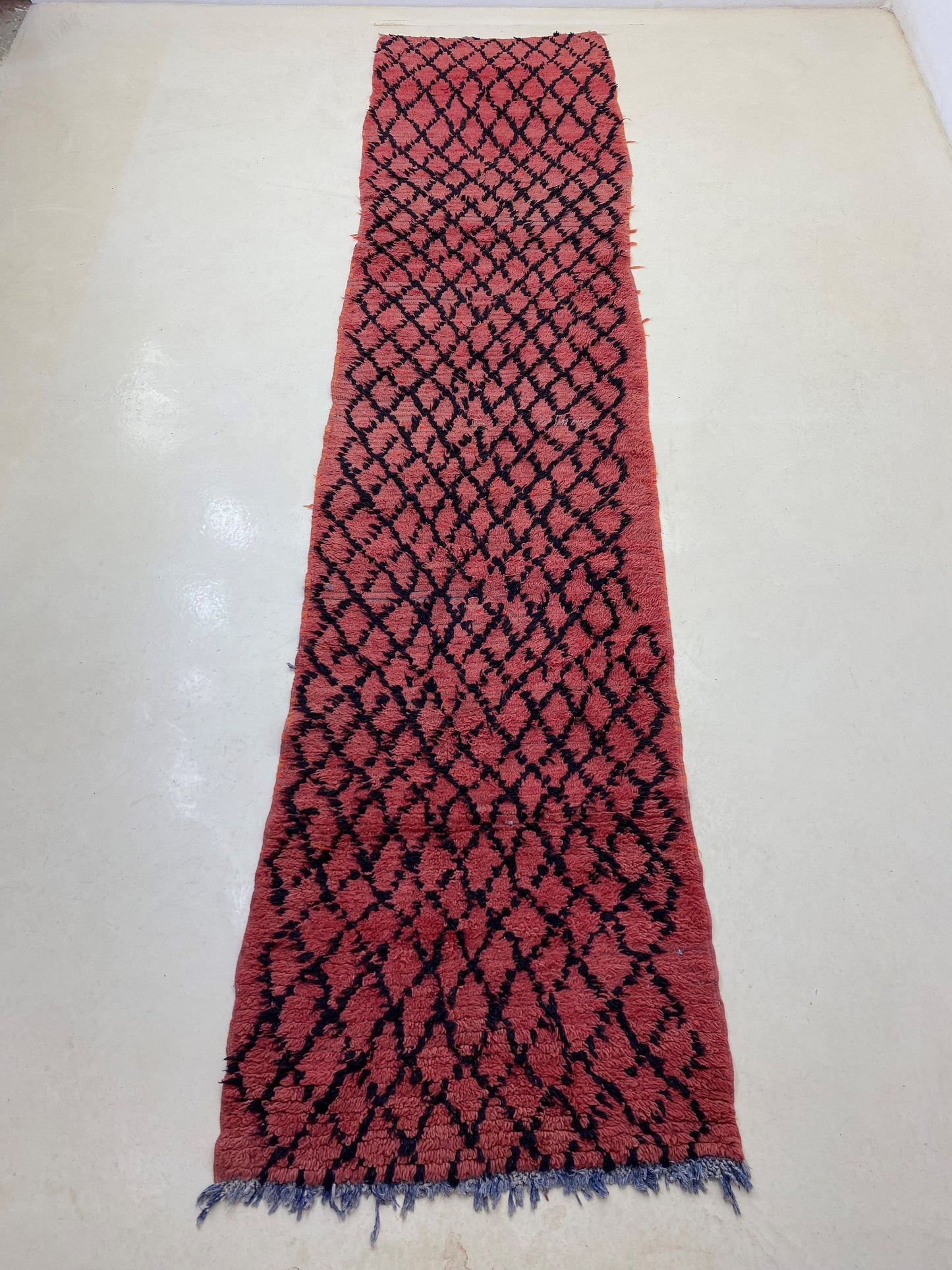 Extra Long vintage red diamond runner rug.
