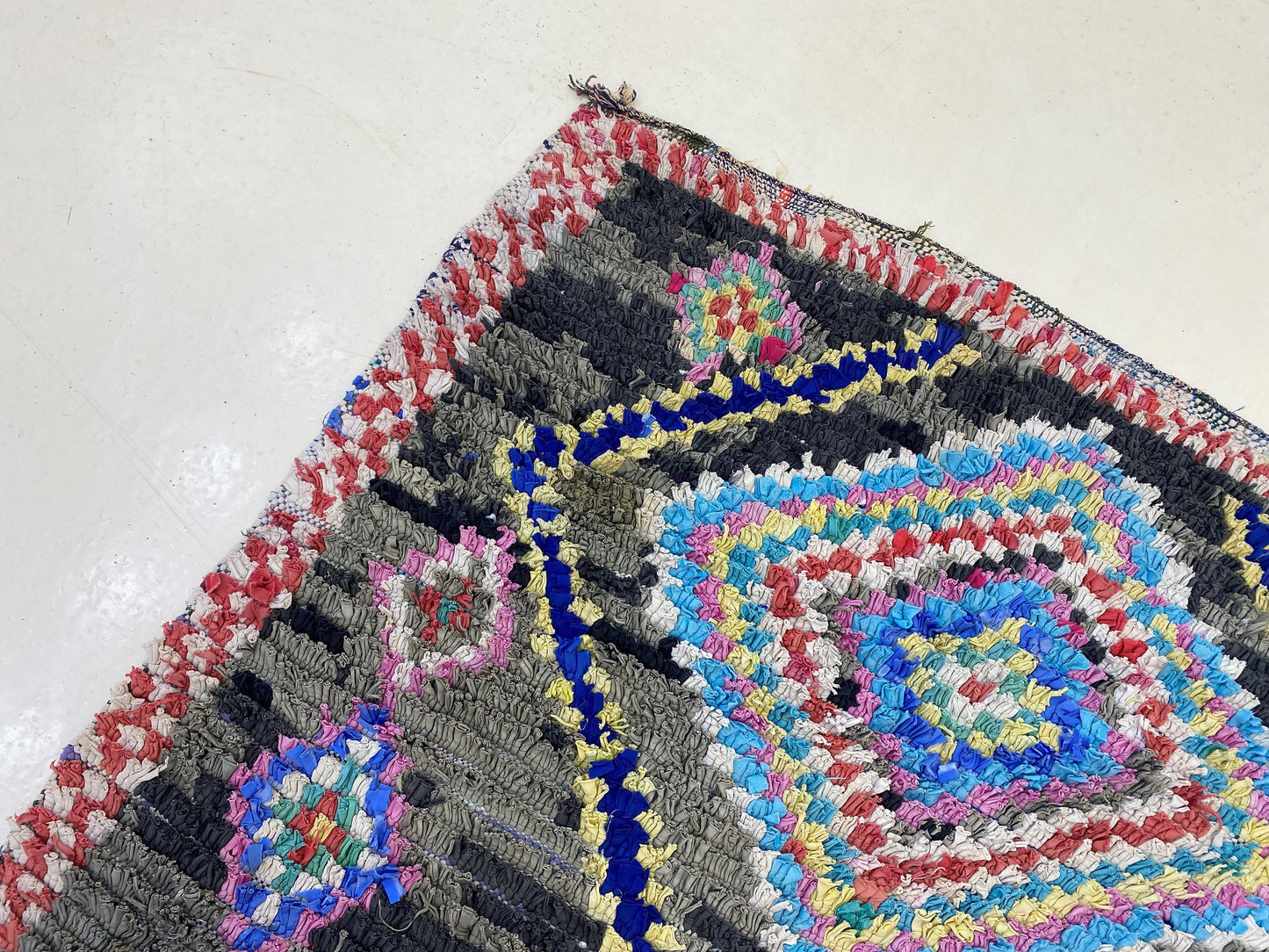 4x9 Moroccan Boucherouite Runner Rug, Vintage Boho Decor for Your Home.