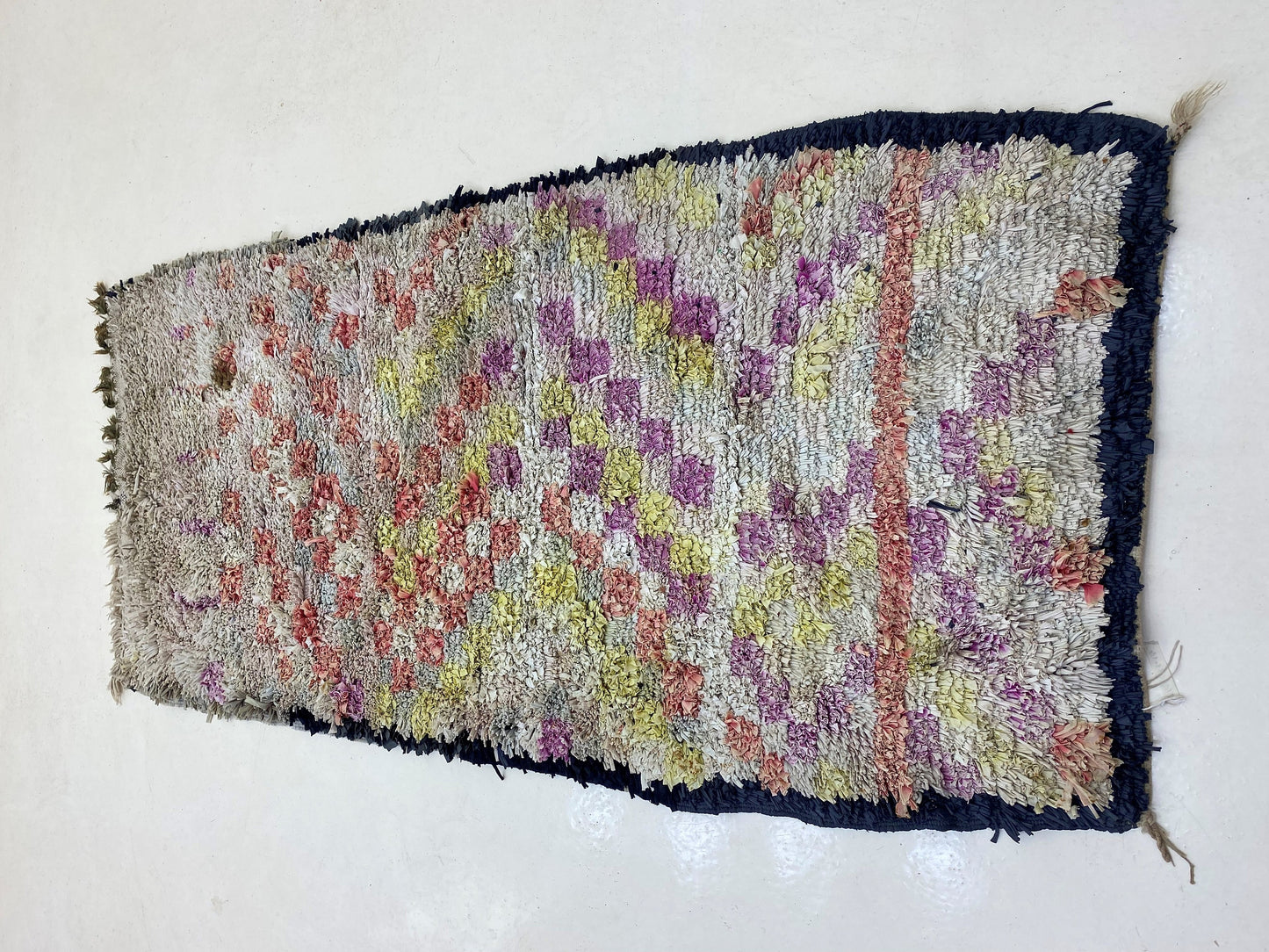 Tapis marocain vintage Boucherouite 4x8, tapis unique pastel.