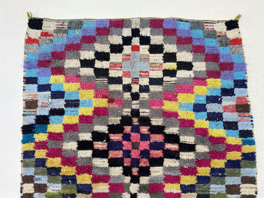 Checkered 5x4 Area Rug, Colorful Vintage Wool Rug, Moroccan Rug.