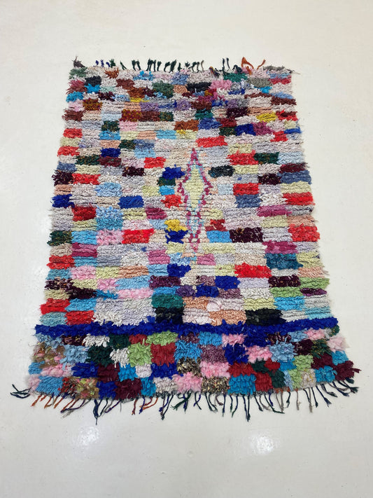 Tapis marocain berbère Boucherouite 4x6, tapis vintage coloré.