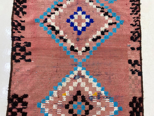 Tapis marocain 3x8, tapis de décoration bohème vintage, tapis à motif de losanges en laine colorée.