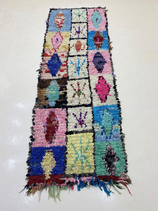 3x9 Moroccan Boucherouite Runner Rug, Vintage Unique Rug.
