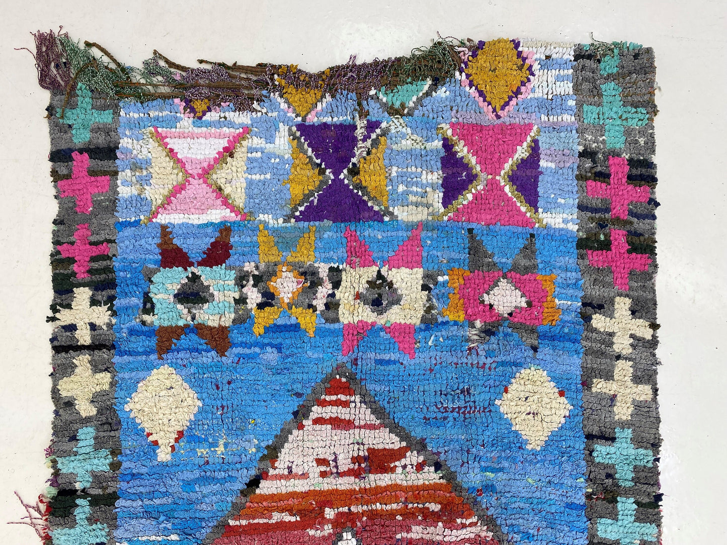 Boucherouite Vintage Moroccan Rug 3x6 , Colorful Diamond Area Rug.