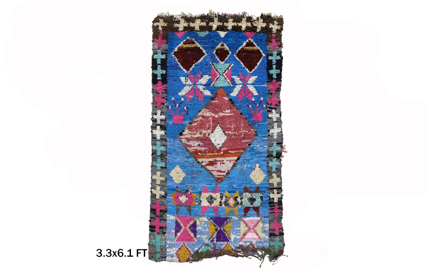 Boucherouite Vintage Moroccan Rug 3x6 , Colorful Diamond Area Rug.