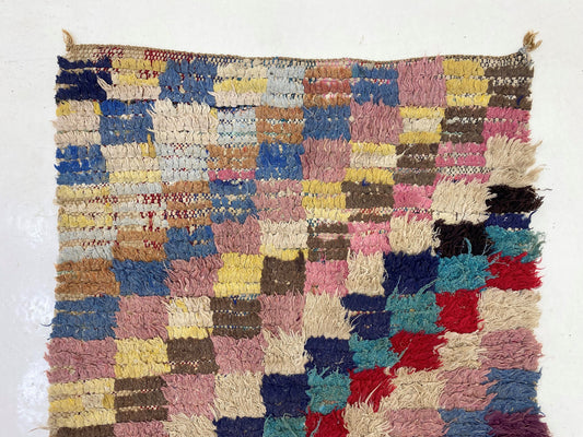 3x7 Vintage Checkered Runner Rug, Colorful Moroccan Runner.