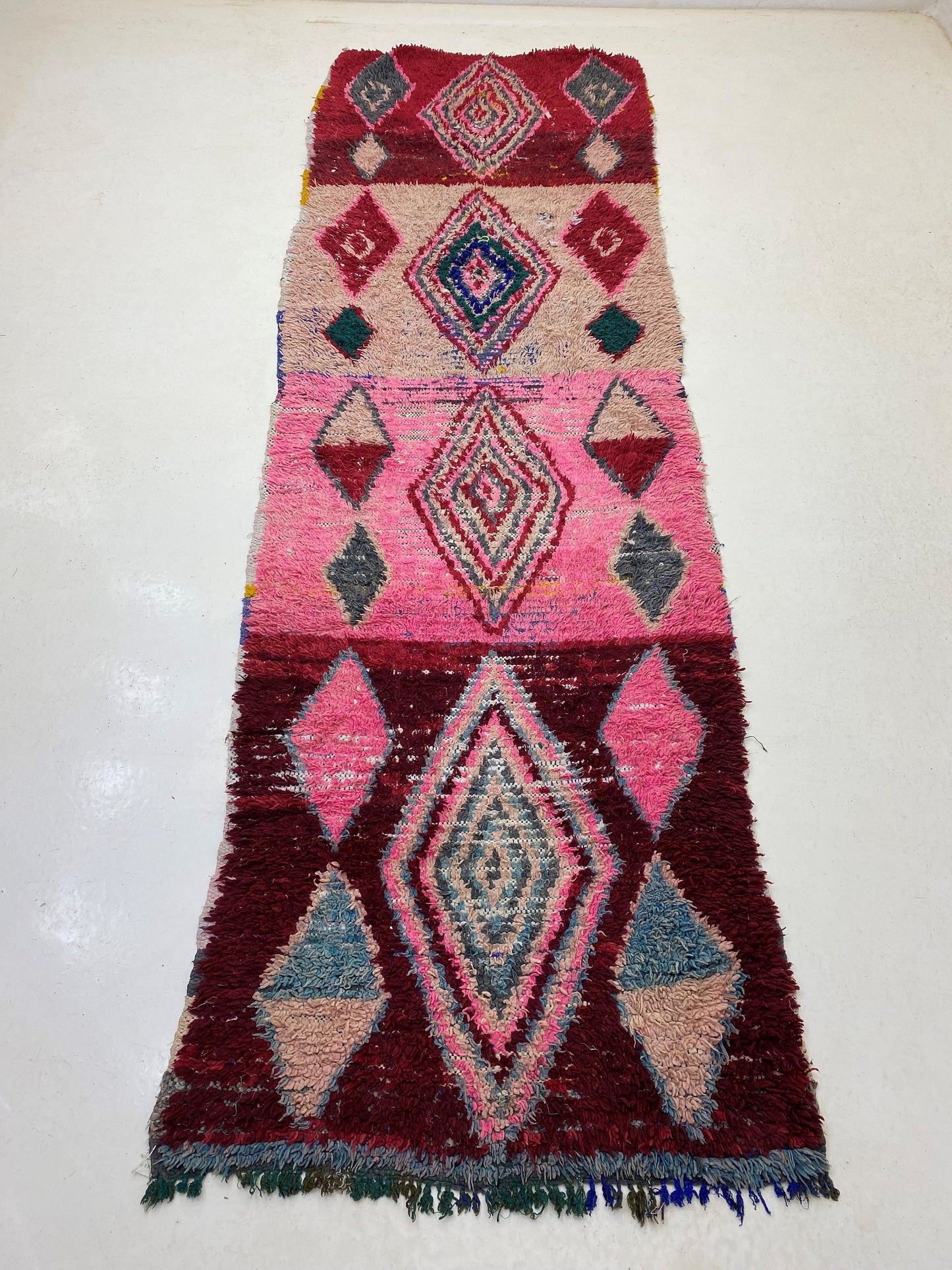 Vintage Bohemian Runner, 3x11 Moroccan Runner Rug - Colorful Diamond Pattern.