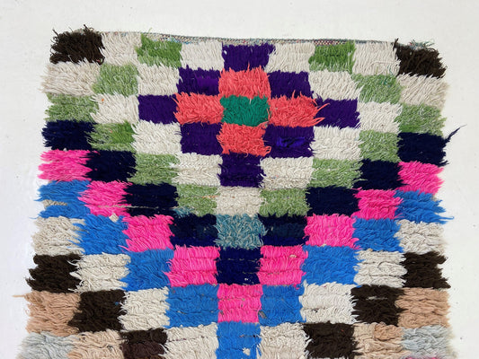 3x7.5 Checkered Moroccan Runner Rug, Berber Colorful Boho Runner.