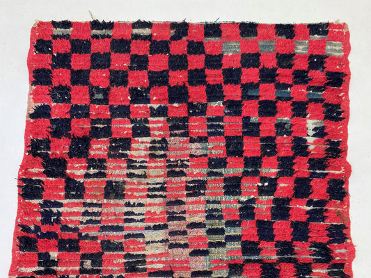 Checkered Black and Red Runner Rug, 3x6 Vintage Moroccan Rug.