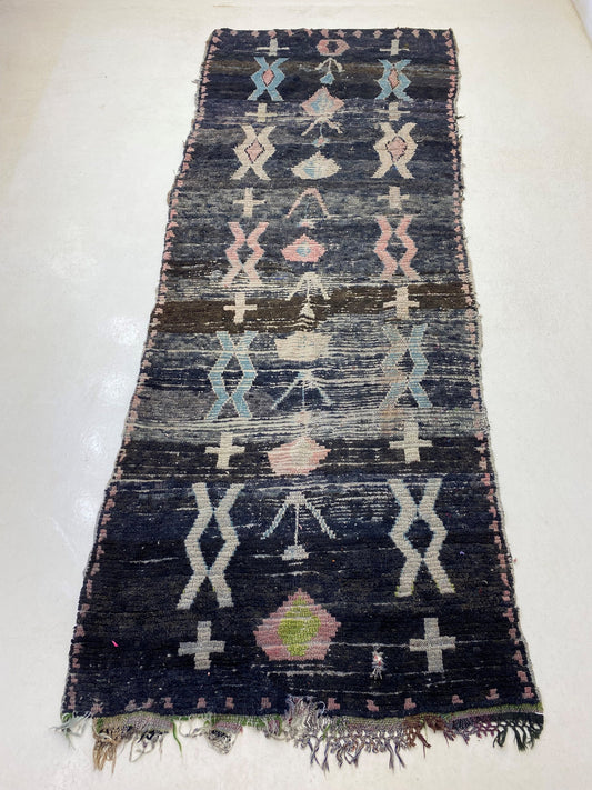 Moroccan Runner Rug, 4x12 Faded Vintage Wool Runner, Large Artistic Hallway Decor.