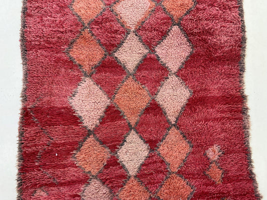 Rustic Red Moroccan Runner Rug, 4x9 Wool Rug with Diamond Design, Bohemian Home Decor.