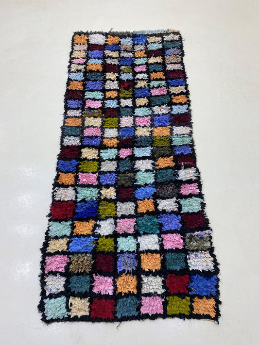 Tapis de couloir marocain vintage Boucherouite 3x7, décoration en grille colorée pour votre maison.