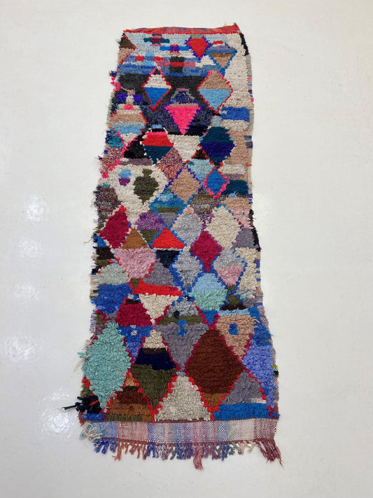 Tapis de couloir marocain Boucherouite 2x7, tapis de couloir vintage coloré.