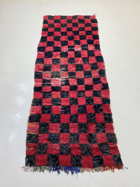 3x9 Boho Checkered Wool Moroccan Runner Rug.