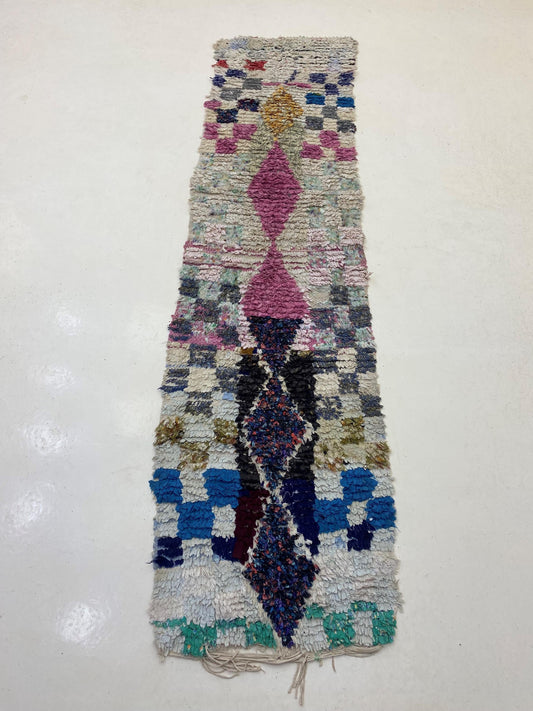 Boucherouite Berber Moroccan Rug Runner 2x9, Vintage Boho Decor.