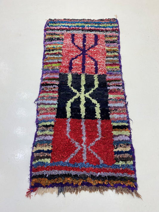 Boucherouite Moroccan Rug Runner 3x6, Vintage Unique Woven Decor.