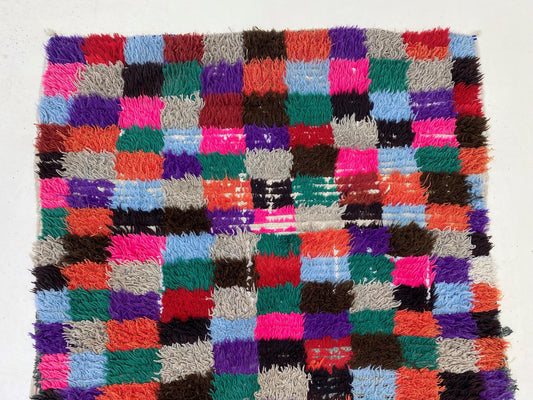 Vintage Moroccan Checkered Runner 3x7, Colorful Home Decor Accent.