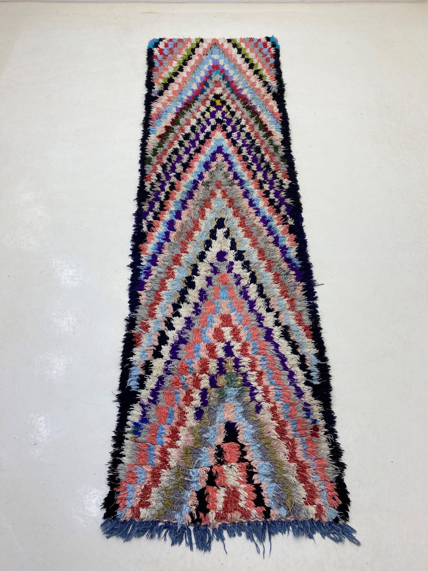 Moroccan 3x9.5 Checkered Rug Runner, Colorful Vintage Style.