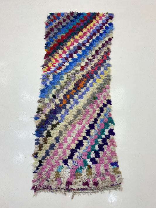 Moroccan Vintage Style, Unique 3x7 Colorful Checkered Runner.