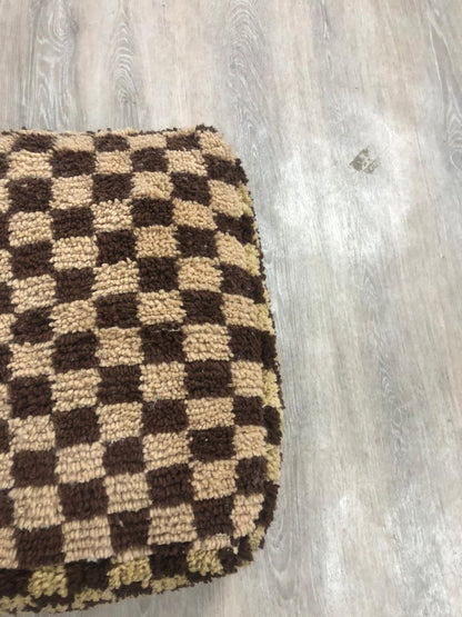 Brown and cream checkered Moroccan Pouf, Berber checkerboard Flour pillow,