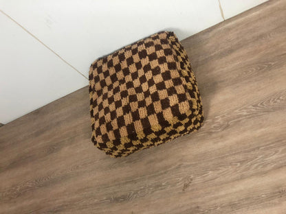 Brown and cream checkered Moroccan Pouf, Berber checkerboard Flour pillow,